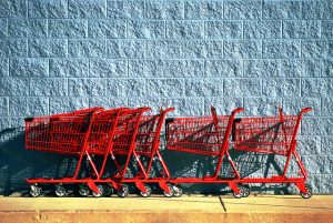 red carts, blue wall